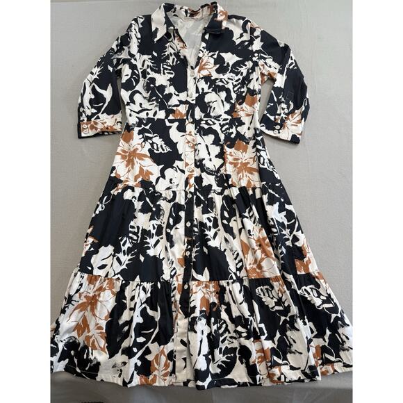 Soft Surroundings Sz 14 Moonglow Midi Dress Button Down Tiered Fall Black Brown - Picture 8 of 15